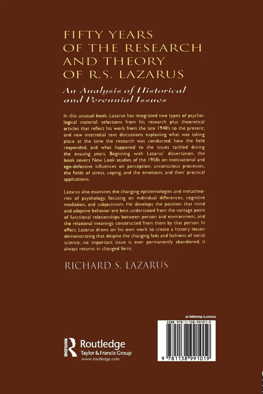 Rückseite: 9781138991019 | Fifty Years of the Research and theory of R.s. Lazarus | Lazarus