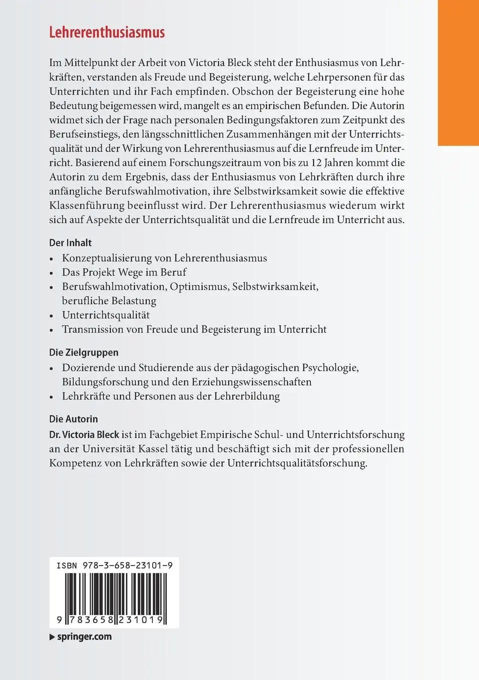 Rückseite: 9783658231019 | Lehrerenthusiasmus | Entwicklung, Determinanten, Wirkungen | Bleck