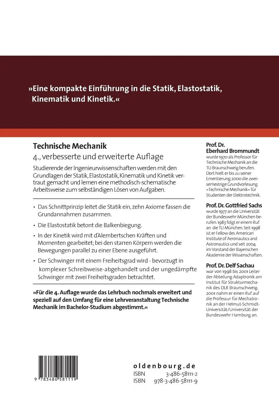 Rückseite: 9783486581119 | Technische Mechanik | Eine Einführung | Eberhard Brommundt (u. a.)