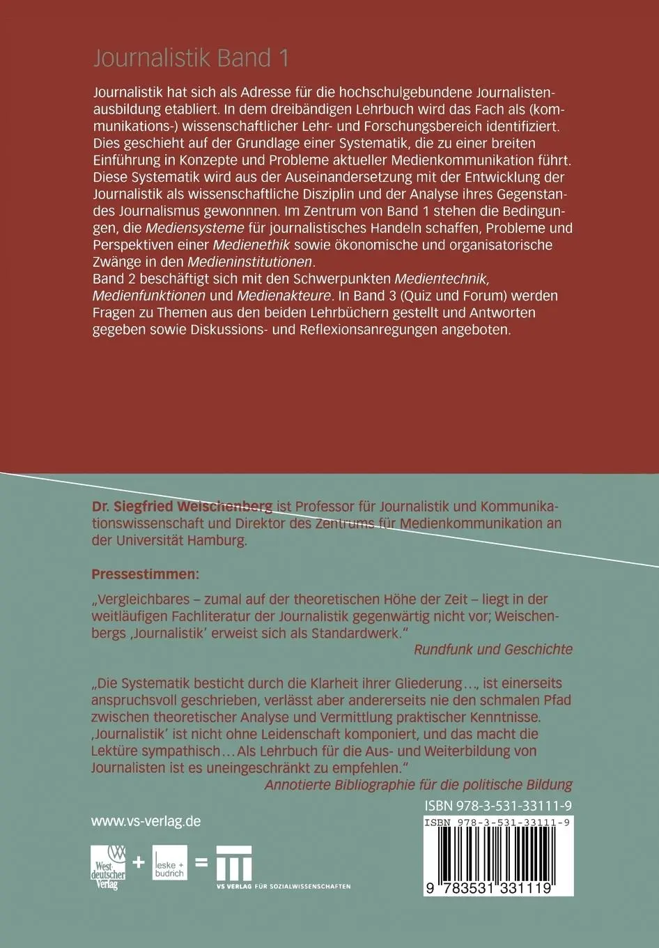 Rückseite: 9783531331119 | Journalistik | Siegfried Weischenberg | Taschenbuch | 388 S. | Deutsch