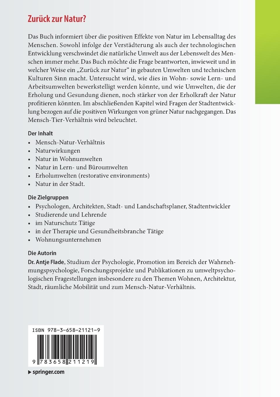 Rückseite: 9783658211219 | Zurück zur Natur? | Erkenntnisse und Konzepte der Naturpsychologie