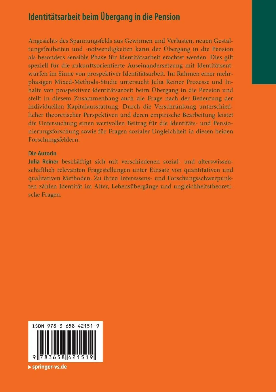 Rückseite: 9783658421519 | Identitätsarbeit beim Übergang in die Pension | Julia Reiner | Buch
