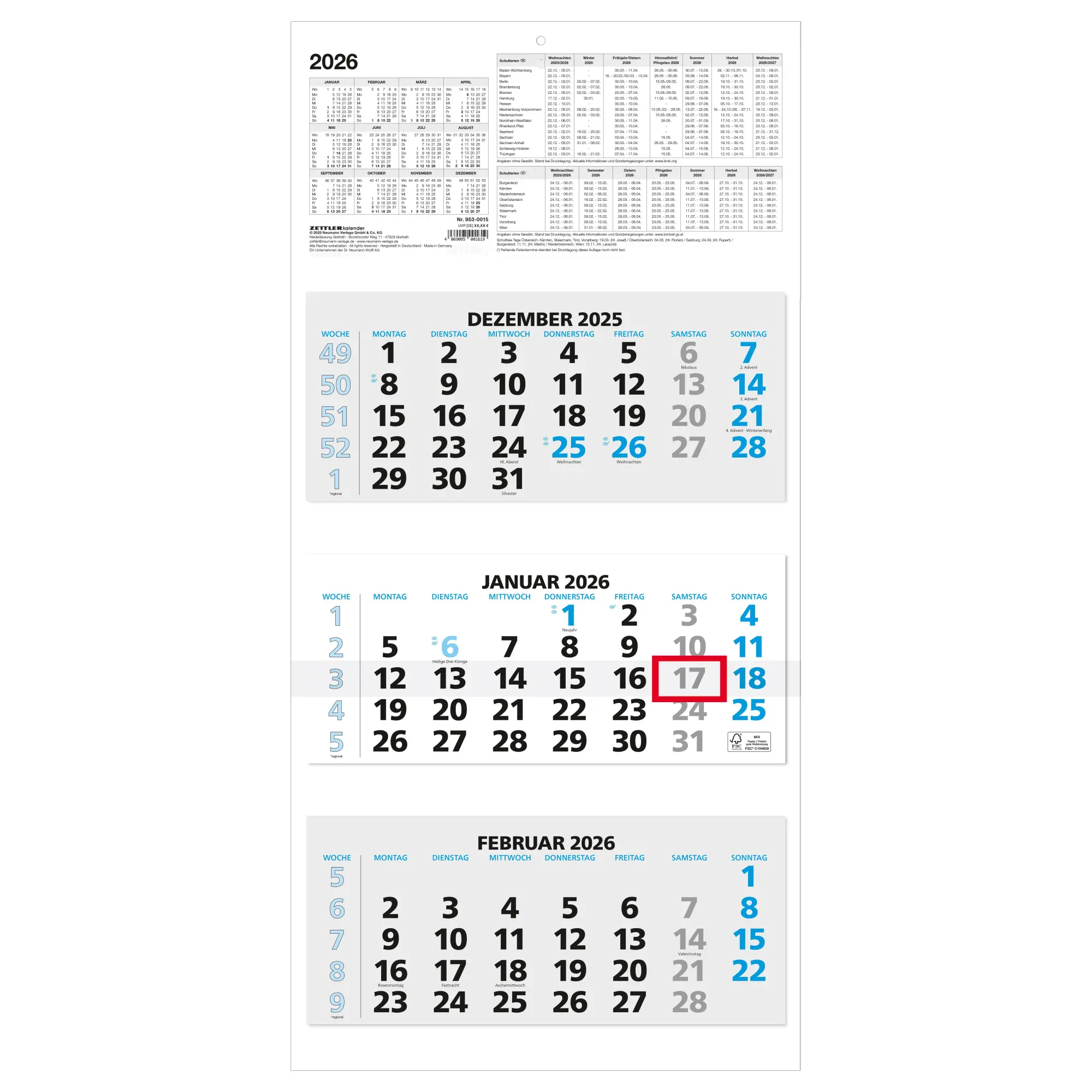 Cover: 4069095001619 | 3-Monatskalender 2026 - 33,5x71 blau - mit Kopftafel -...