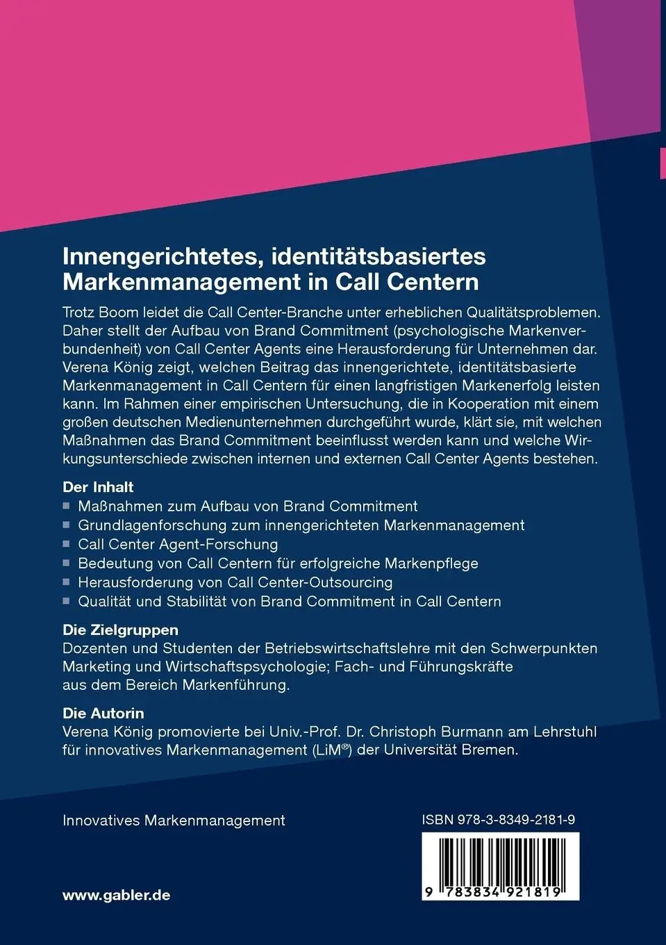 Rückseite: 9783834921819 | Innengerichtetes, identitätsbasiertes Markenmanagement in Call Centern