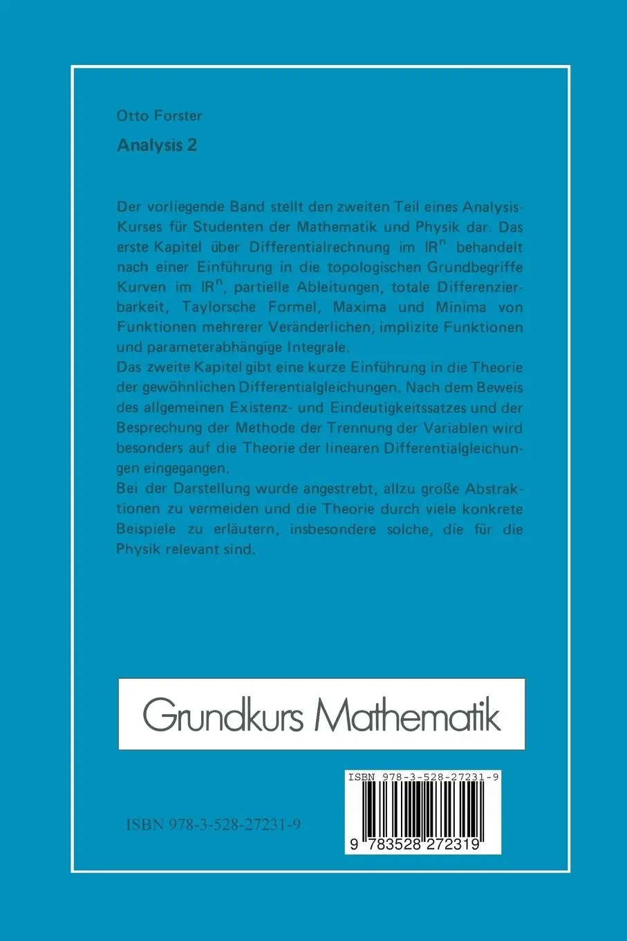 Rückseite: 9783528272319 | Analysis 2 | Otto Forster | Taschenbuch | iv | Deutsch | 1983