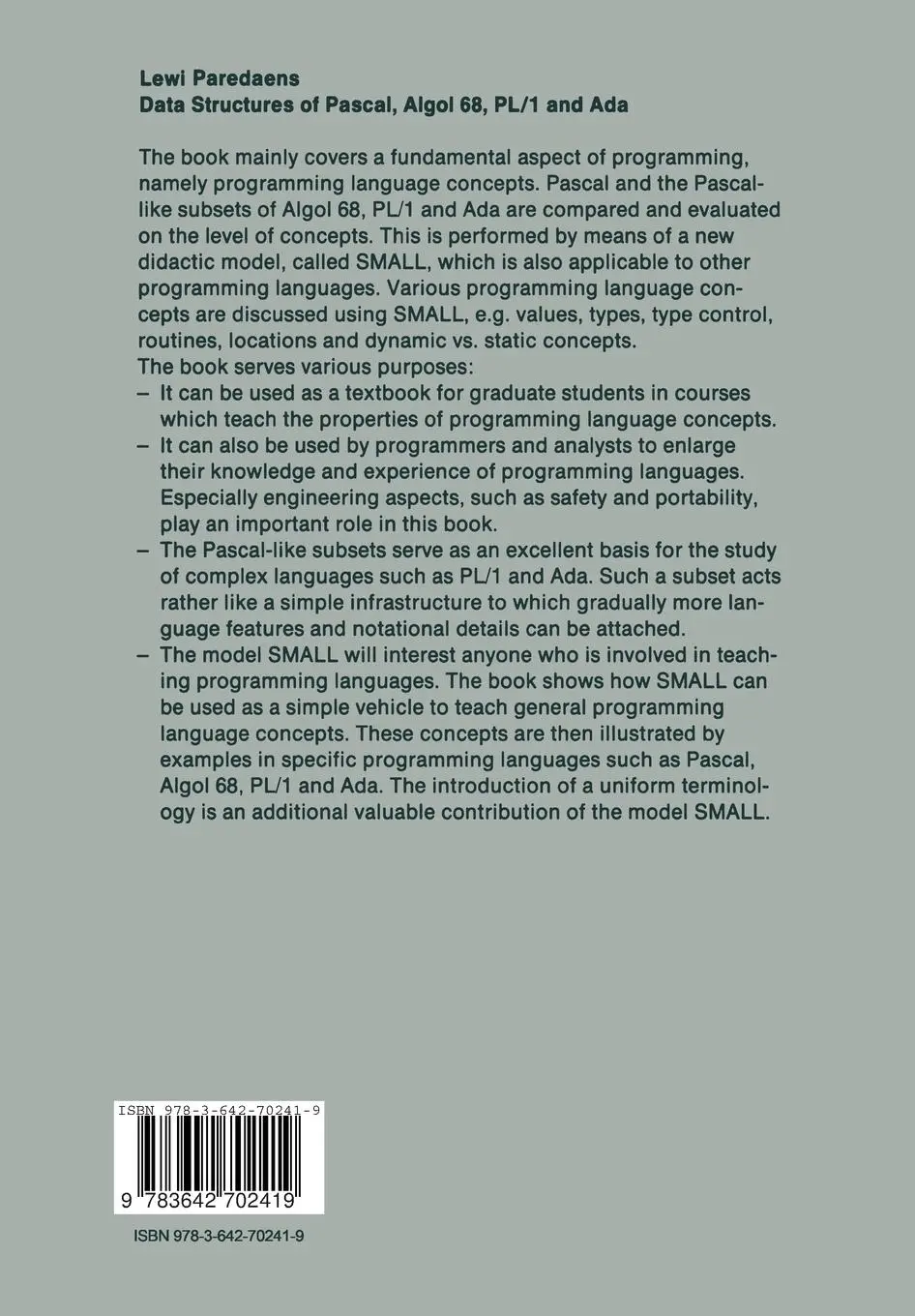Rückseite: 9783642702419 | Data Structures of Pascal, Algol 68, PL/1 and Ada | Johan Lewi (u. a.)