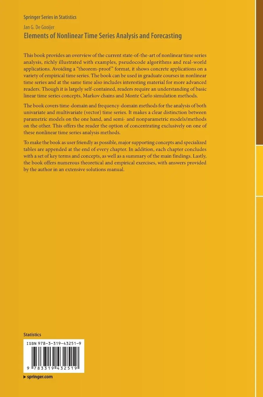 Rückseite: 9783319432519 | Elements of Nonlinear Time Series Analysis and Forecasting | Gooijer