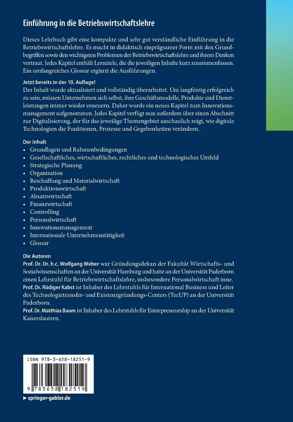 Rückseite: 9783658182519 | Einführung in die Betriebswirtschaftslehre | Wolfgang Weber (u. a.)