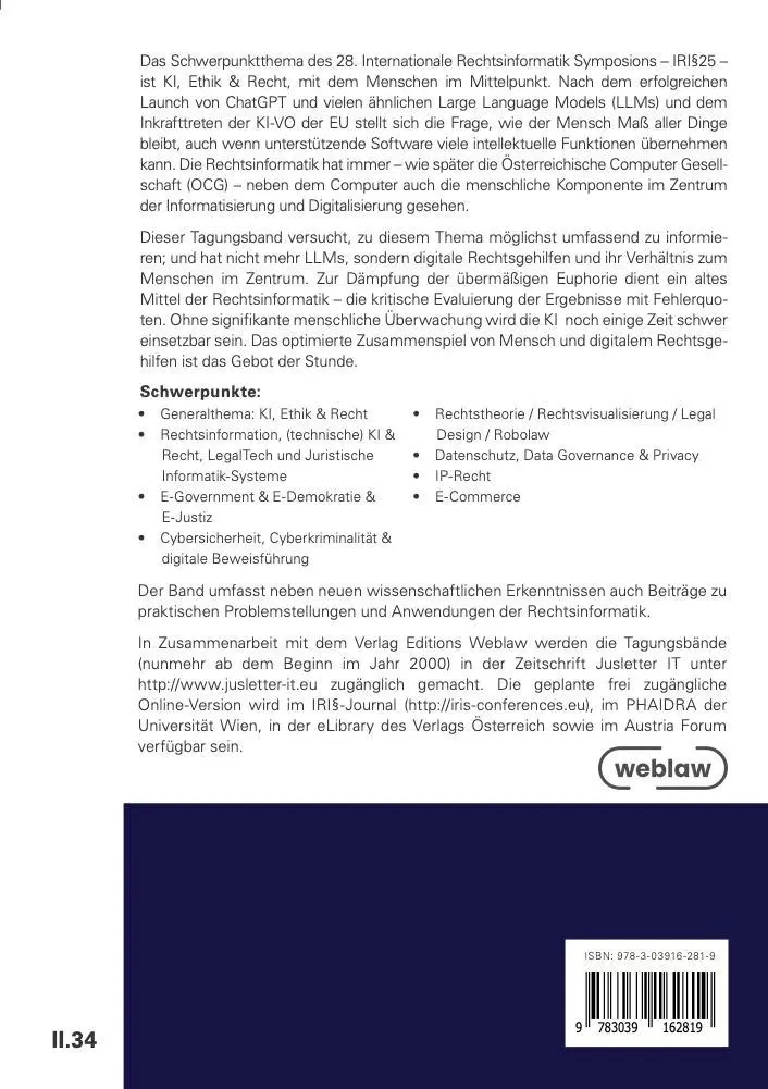 Rückseite: 9783039162819 | Der Mensch im Zentrum - KI, Ethik &amp; Recht | Erich Schweighofer (u. a.)