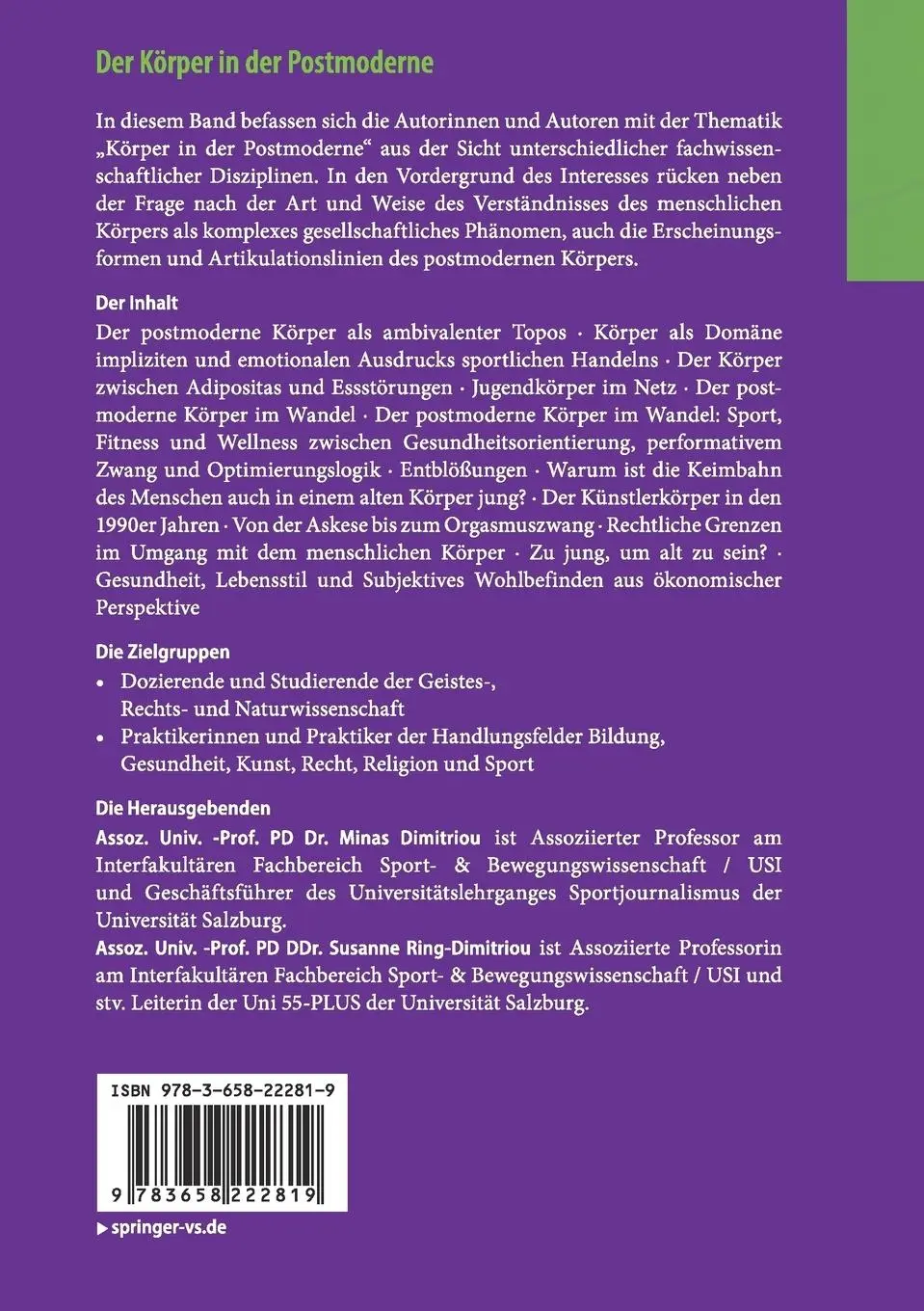 Rückseite: 9783658222819 | Der Körper in der Postmoderne | Susanne Ring-Dimitriou (u. a.) | Buch