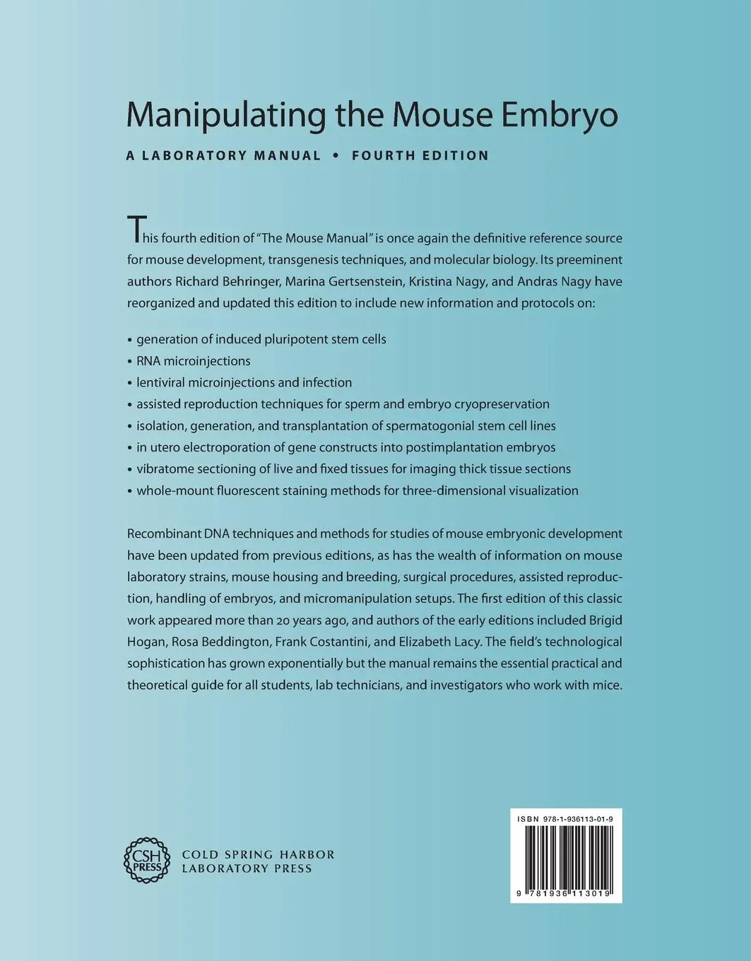 Rückseite: 9781936113019 | Manipulating the Mouse Embryo | Richard Behringer (u. a.) | Buch