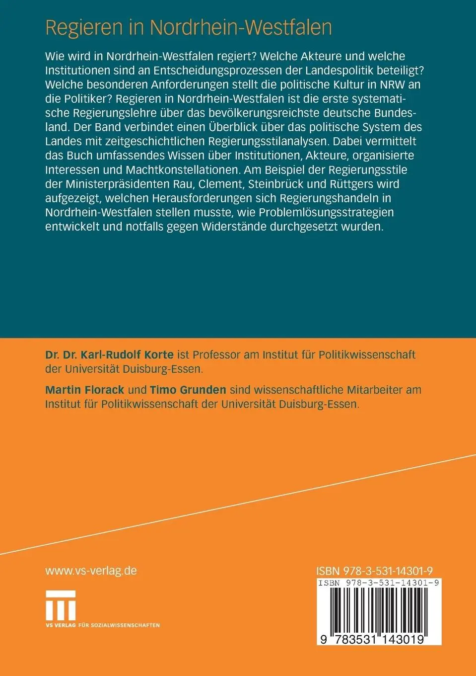 Rückseite: 9783531143019 | Regieren in Nordrhein-Westfalen | Karl-Rudolf Korte (u. a.) | Buch