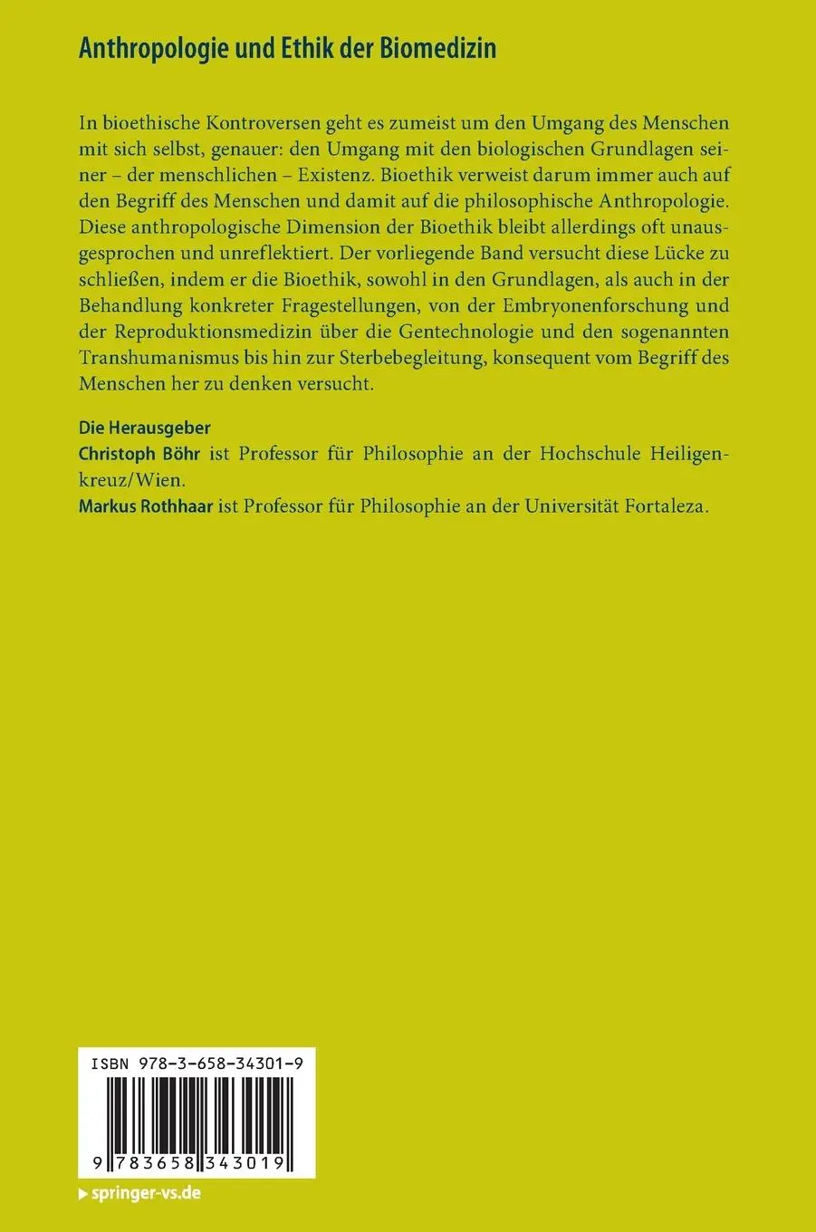 Rückseite: 9783658343019 | Anthropologie und Ethik der Biomedizin | Grundlagen und Leitfragen