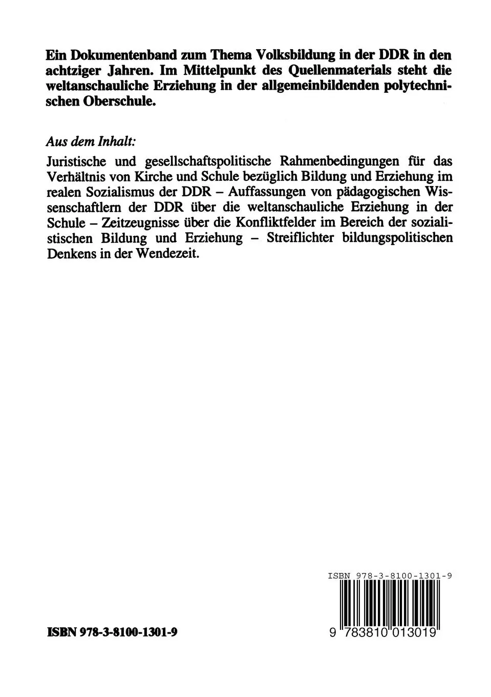 Rückseite: 9783810013019 | Weltanschauliche Erziehung in der DDR | Ilona Katharina Schneider