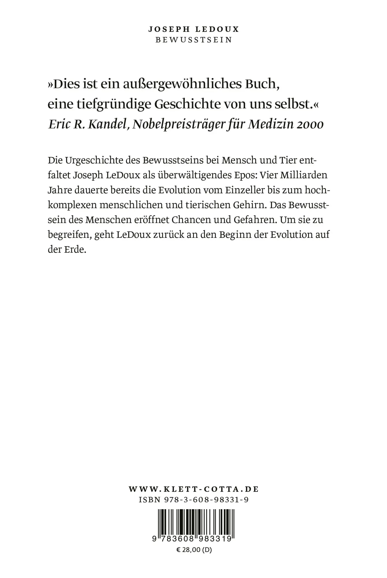 Rückseite: 9783608983319 | Bewusstsein | Die ersten vier Milliarden Jahre | Joseph Ledoux | Buch