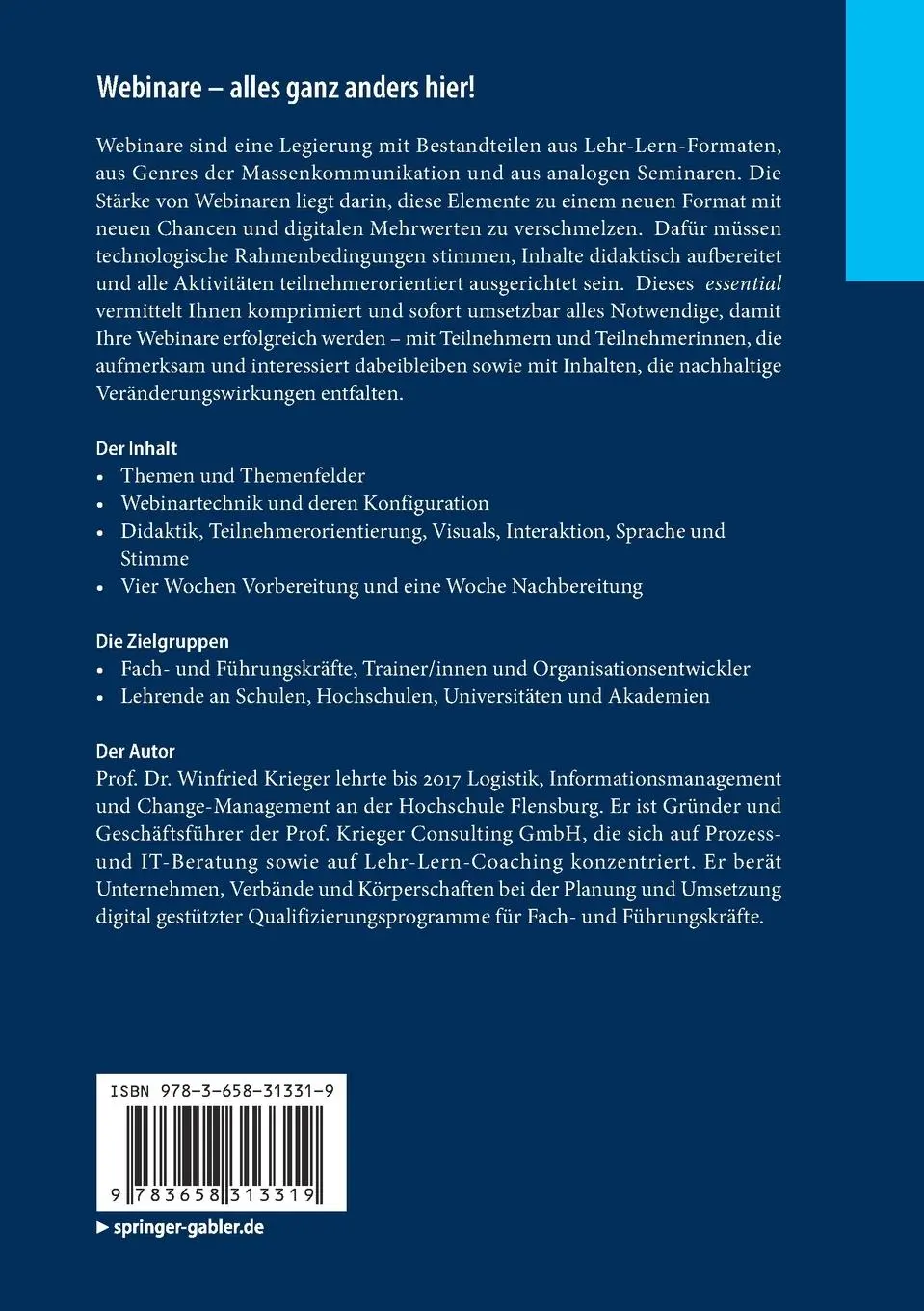 Rückseite: 9783658313319 | Webinare - alles ganz anders hier! | Winfried Krieger | Taschenbuch