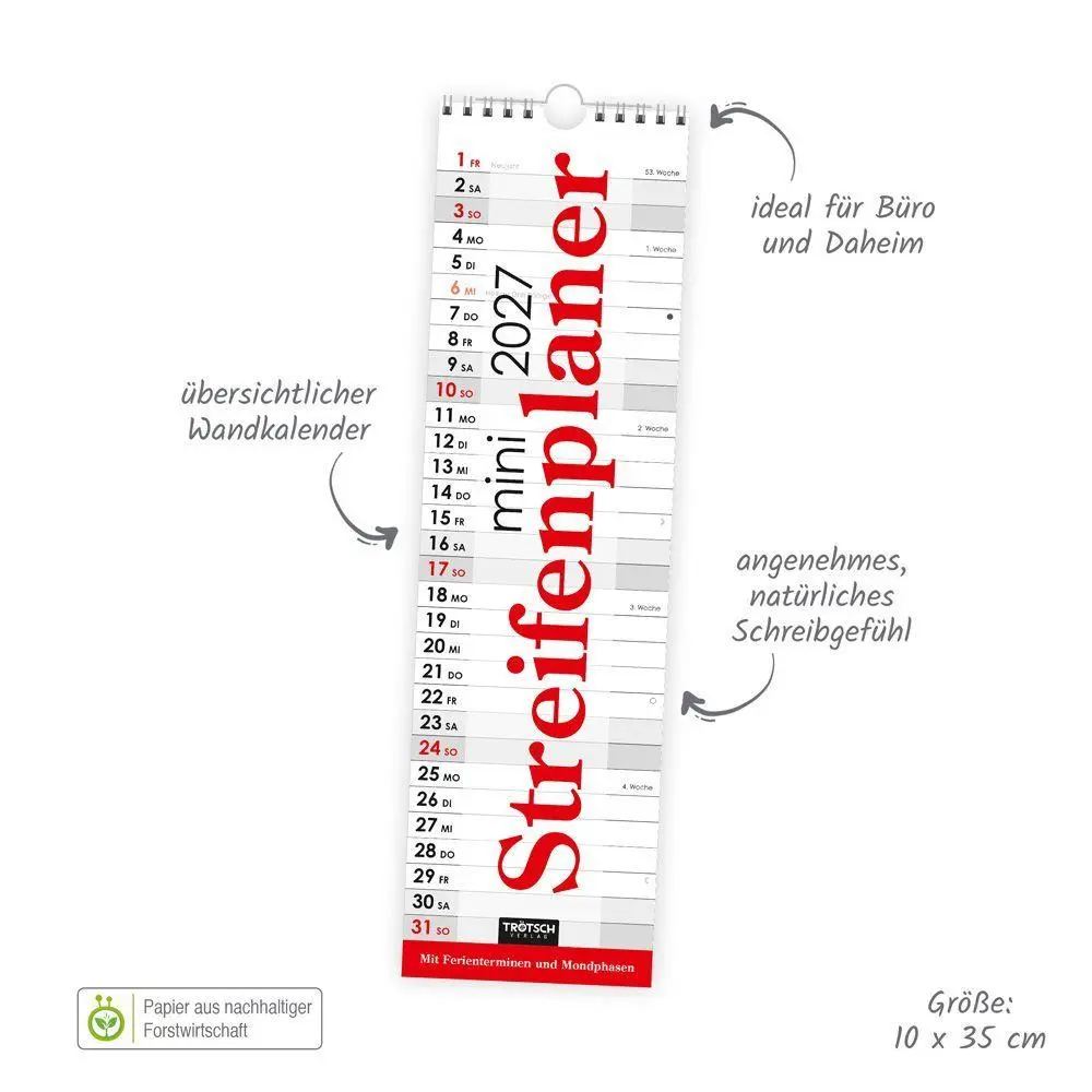 Autor: 4251901513519 | TRÖTSCH - Streifenkalender Mini Rot 2027 | Wandkalender Notizkalender