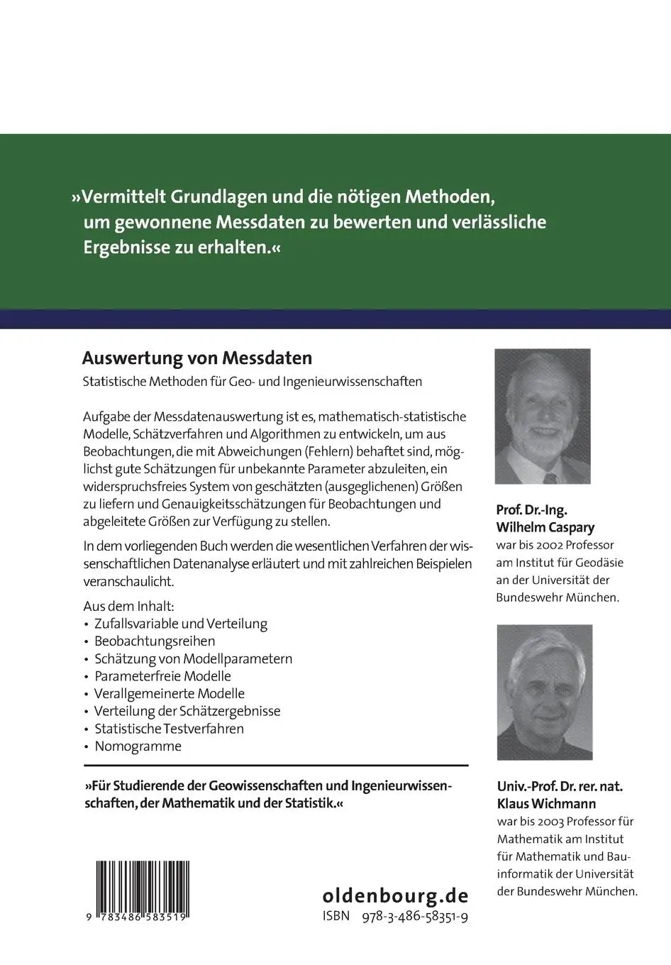 Rückseite: 9783486583519 | Auswertung von Messdaten | Klaus Wichmann | Taschenbuch | XI | Deutsch