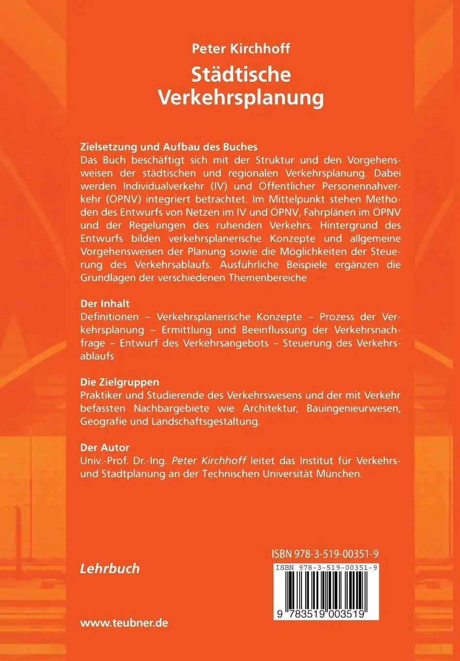 Rückseite: 9783519003519 | Städtische Verkehrsplanung | Konzepte, Verfahren, Maßnahmen | Buch