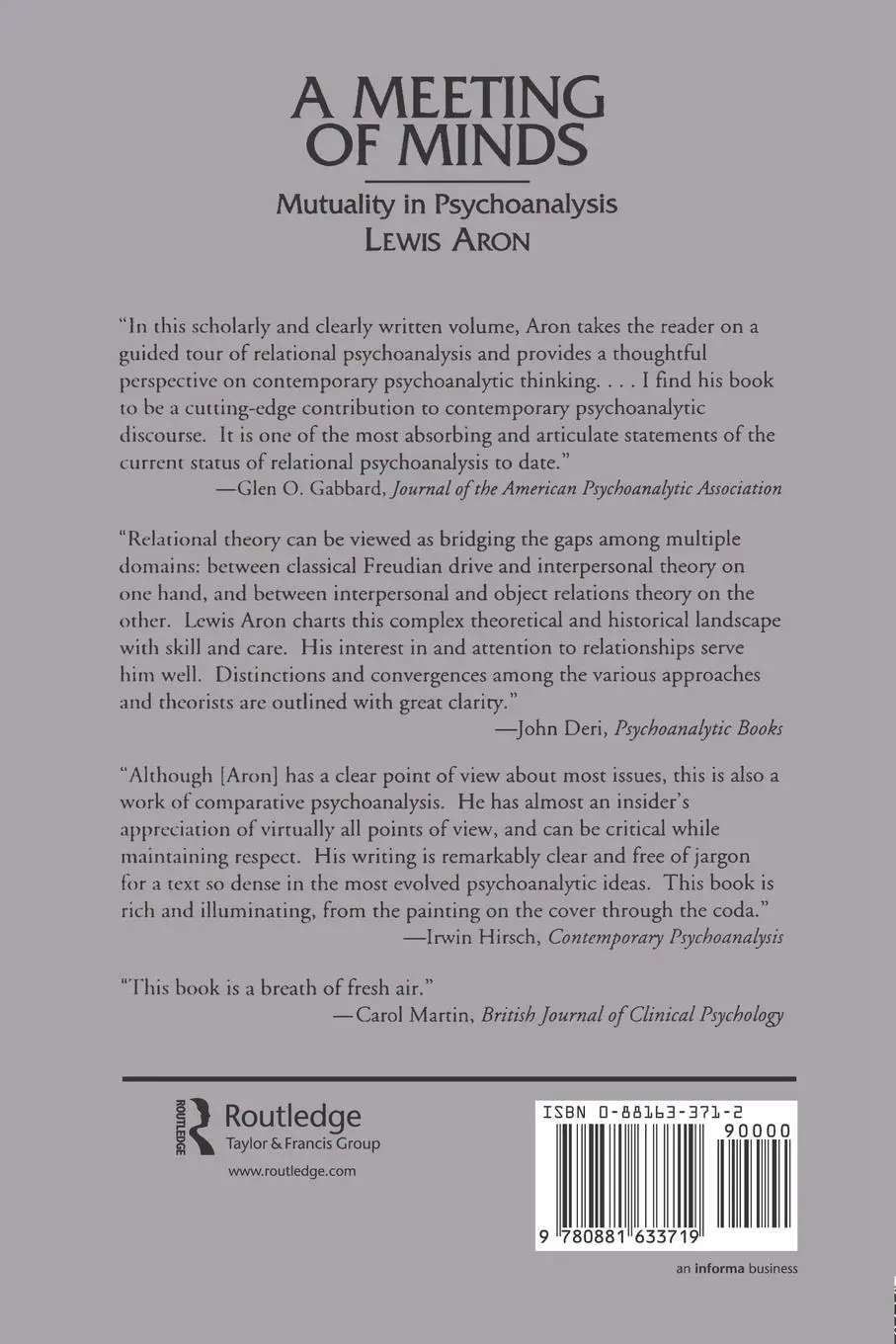 Rückseite: 9780881633719 | A Meeting of Minds | Mutuality in Psychoanalysis | Lewis Aron | Buch