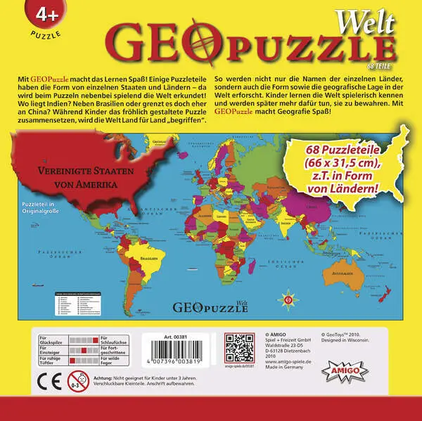 Bild: 4007396003819 | Geo Puzzle, Welt (Kinderpuzzle) | Spiel | In Spielebox | 00381 | 2021