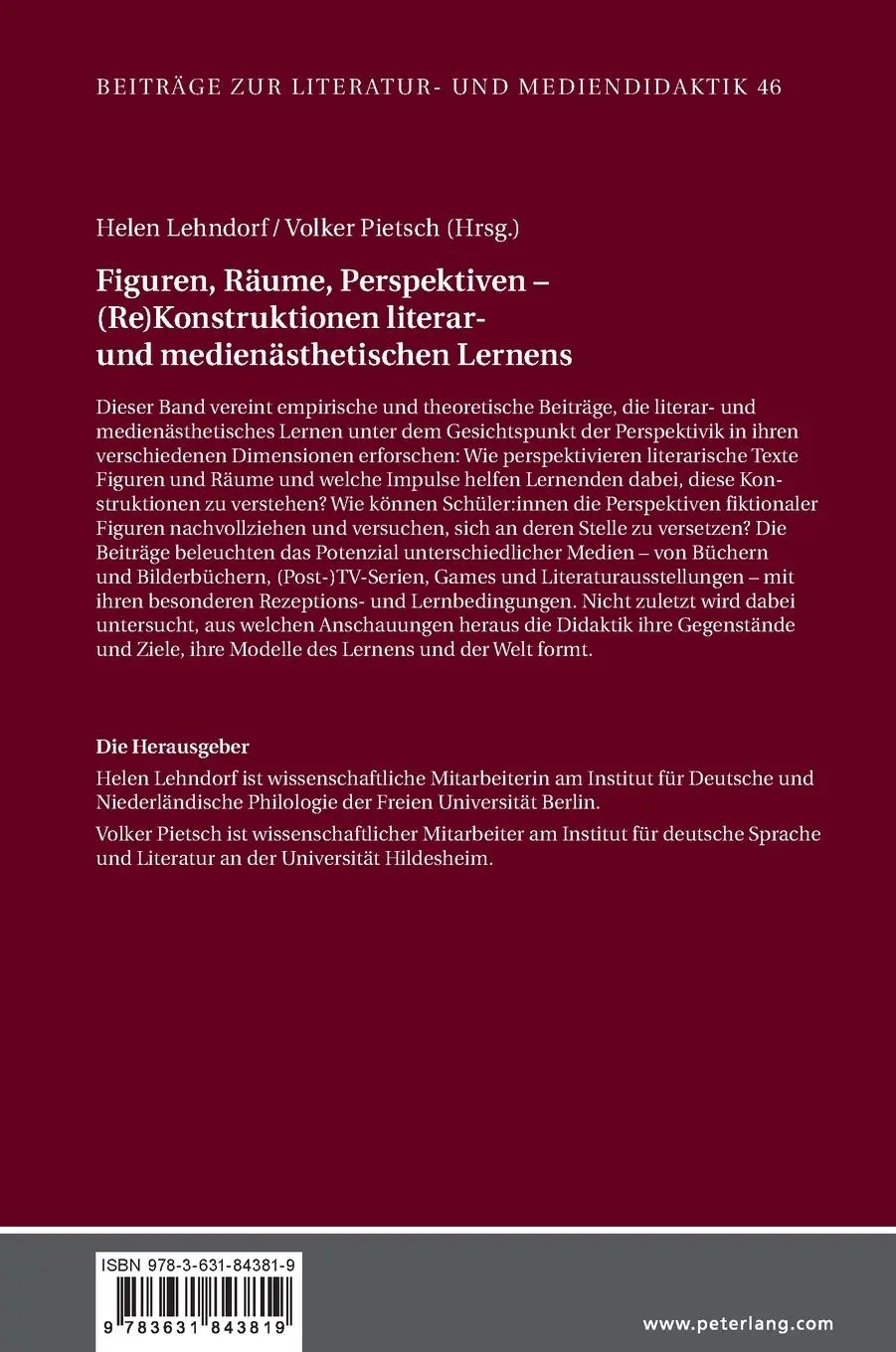 Rückseite: 9783631843819 | Figuren, Räume, Perspektiven ¿ (Re)Konstruktionen literar- und...