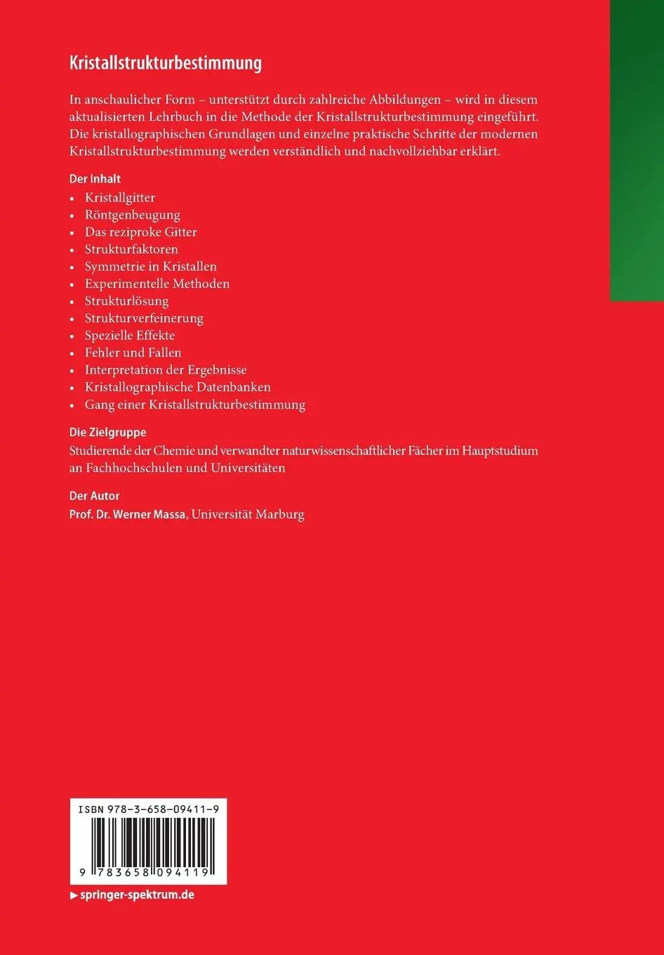 Rückseite: 9783658094119 | Kristallstrukturbestimmung | Werner Massa | Taschenbuch | xii | 2015
