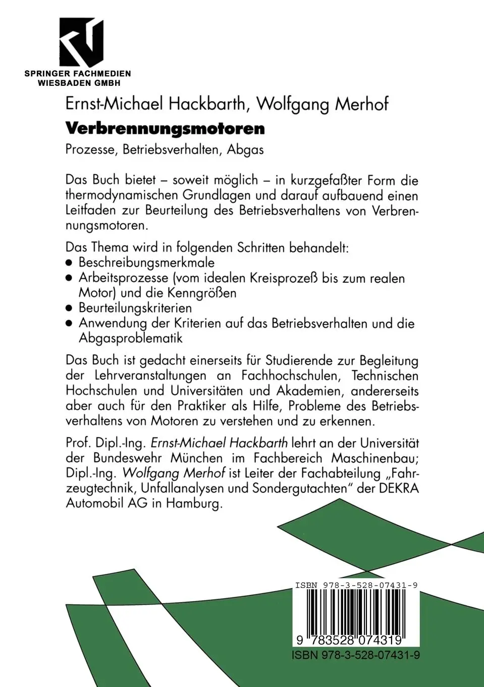 Rückseite: 9783528074319 | Verbrennungsmotoren | Prozesse, Betriebsverhalten, Abgas | Taschenbuch