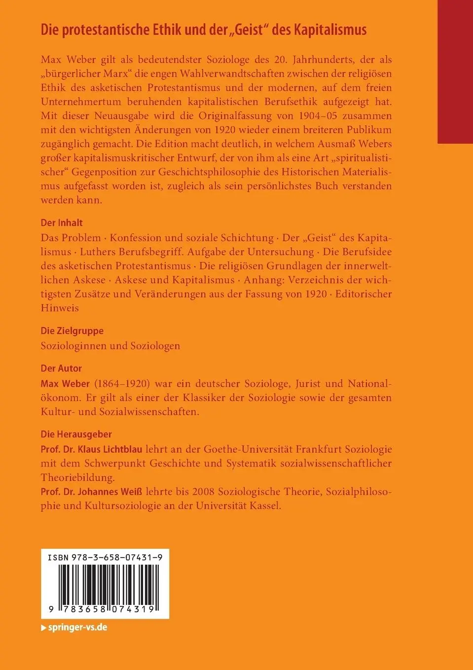 Rückseite: 9783658074319 | Die protestantische Ethik und der "Geist" des Kapitalismus | Max Weber