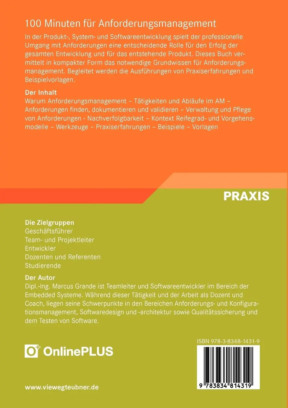 Rückseite: 9783834814319 | 100 Minuten für Anforderungsmanagement | Marcus Grande | Taschenbuch