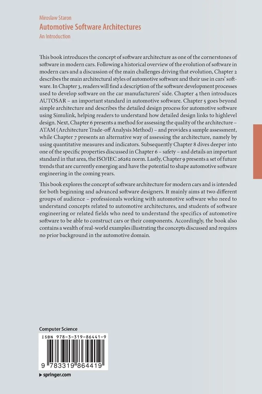Rückseite: 9783319864419 | Automotive Software Architectures | An Introduction | Miroslaw Staron