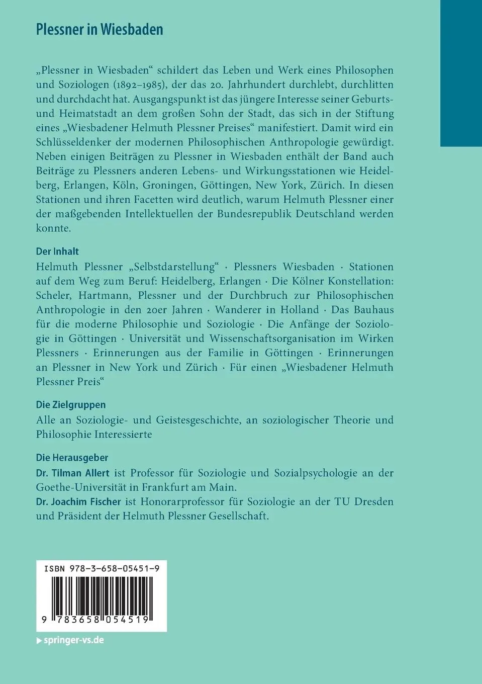 Rückseite: 9783658054519 | Plessner in Wiesbaden | Tilman Allert (u. a.) | Taschenbuch | vii