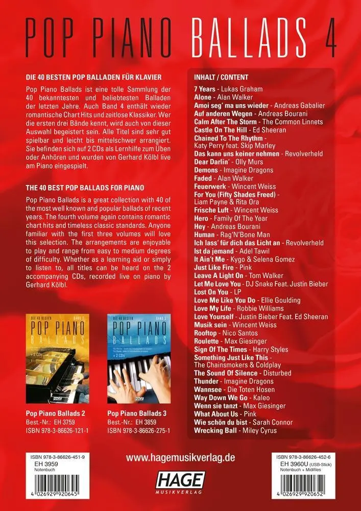 Bild: 9783866264519 | Pop Piano Ballads 4 (mit 2 CDs) | HAGE Musikverlag | Taschenbuch