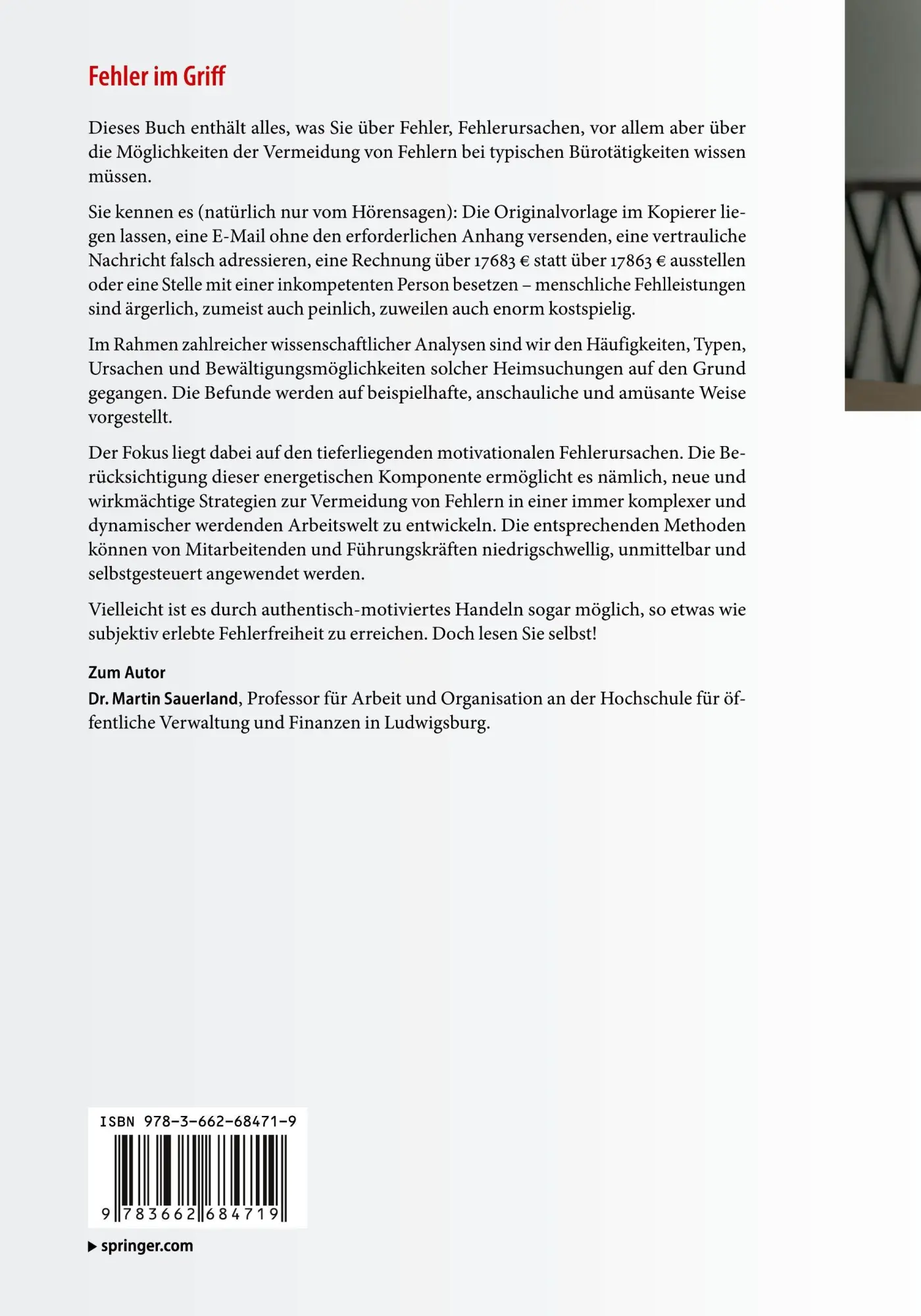 Rückseite: 9783662684719 | Fehler im Griff | Martin Sauerland | Taschenbuch | vii | Deutsch