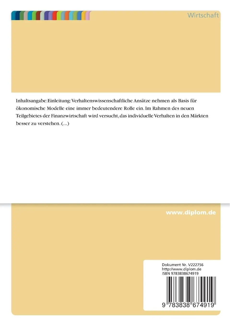 Rückseite: 9783838674919 | Prospect-Theorie - Entwicklung und heutige Anwendung in der...