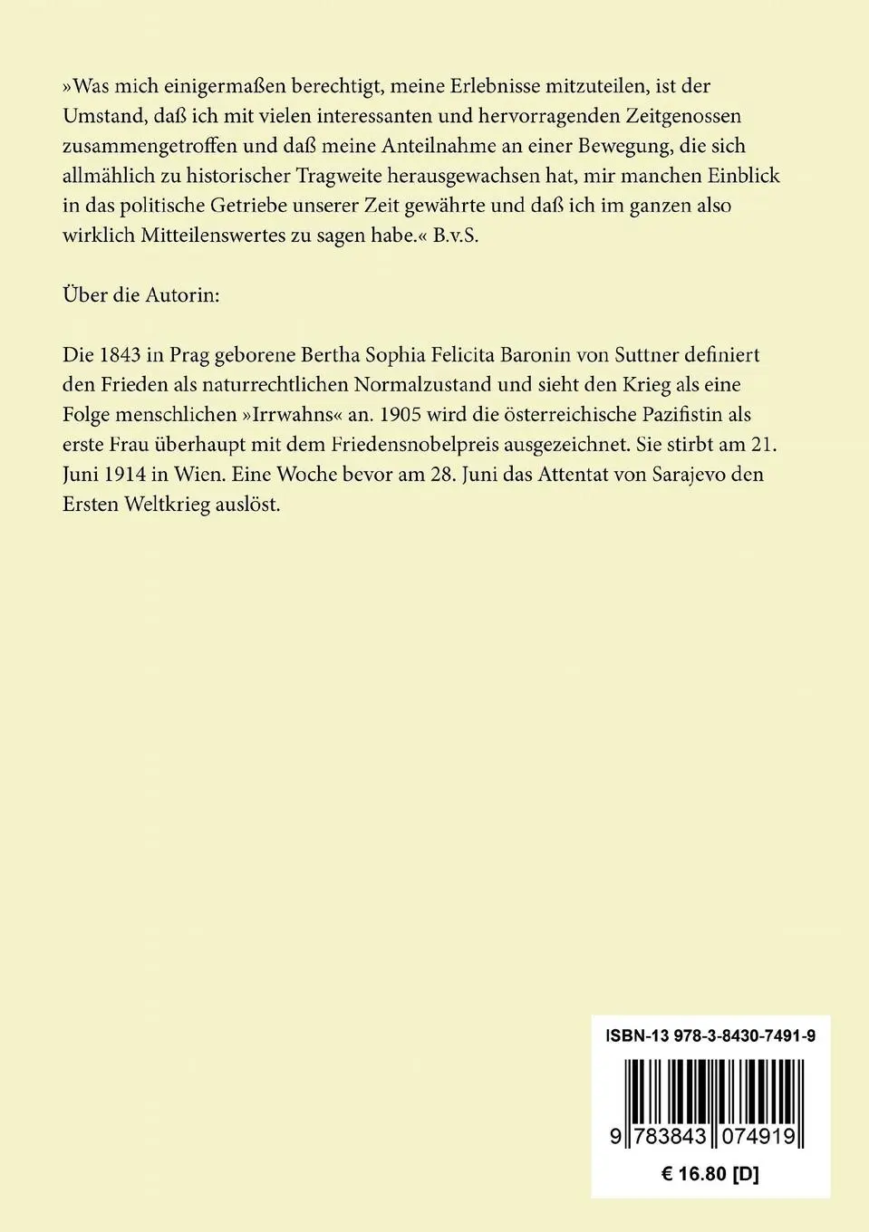 Rückseite: 9783843074919 | Memoiren | Bertha von Suttner | Taschenbuch | 580 S. | Deutsch | 2015
