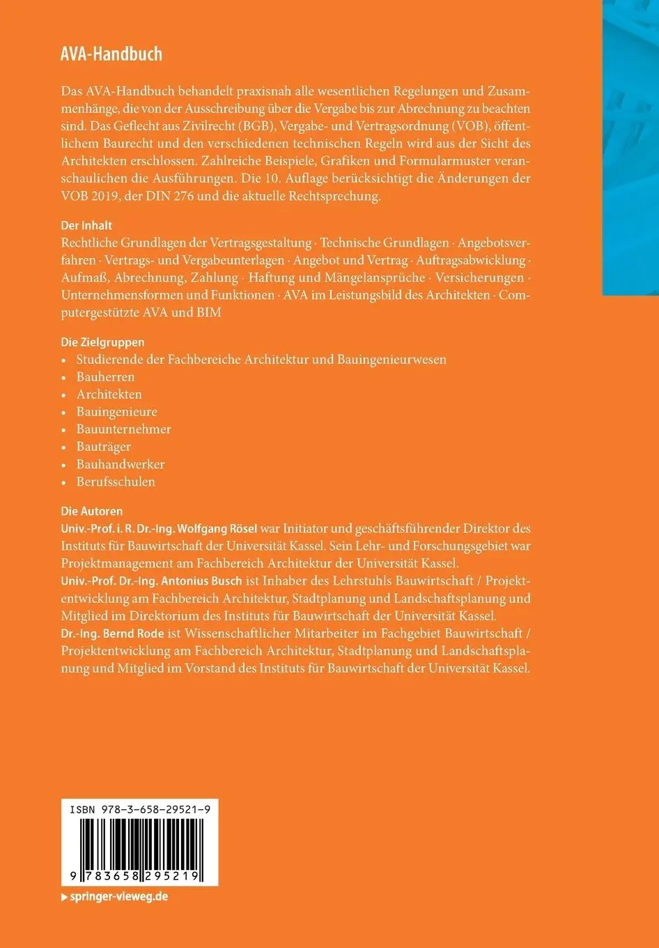 Rückseite: 9783658295219 | AVA-Handbuch | Ausschreibung - Vergabe - Abrechnung | Rösel (u. a.)