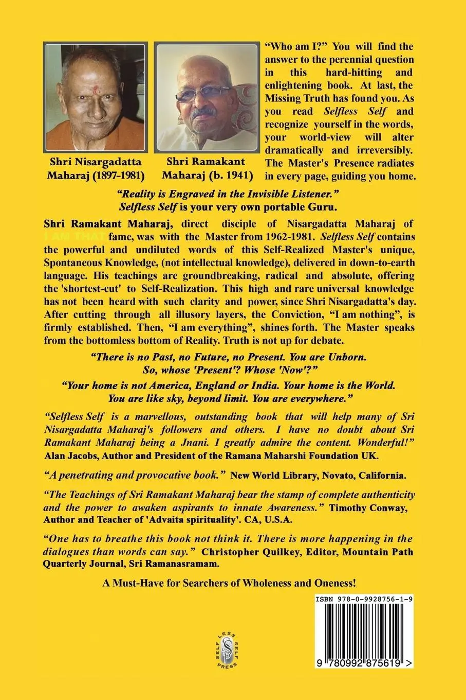 Rückseite: 9780992875619 | Selfless Self | Talks with Shri Ramakant Maharaj | Ramakant Maharaj