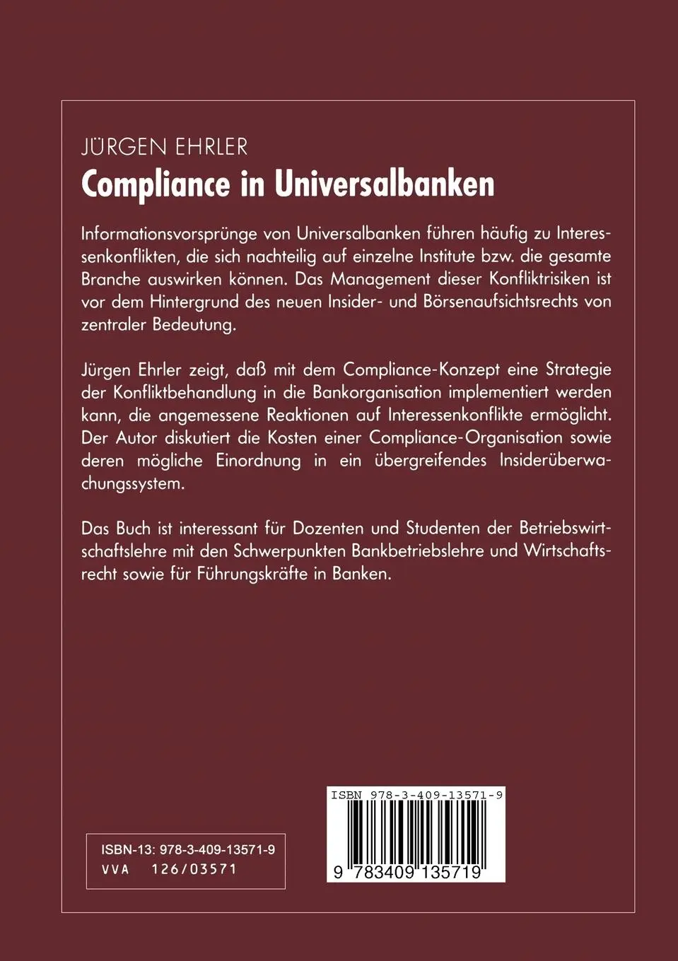 Rückseite: 9783409135719 | Compliance in Universalbanken | Jürgen Ehrler | Taschenbuch | xxi