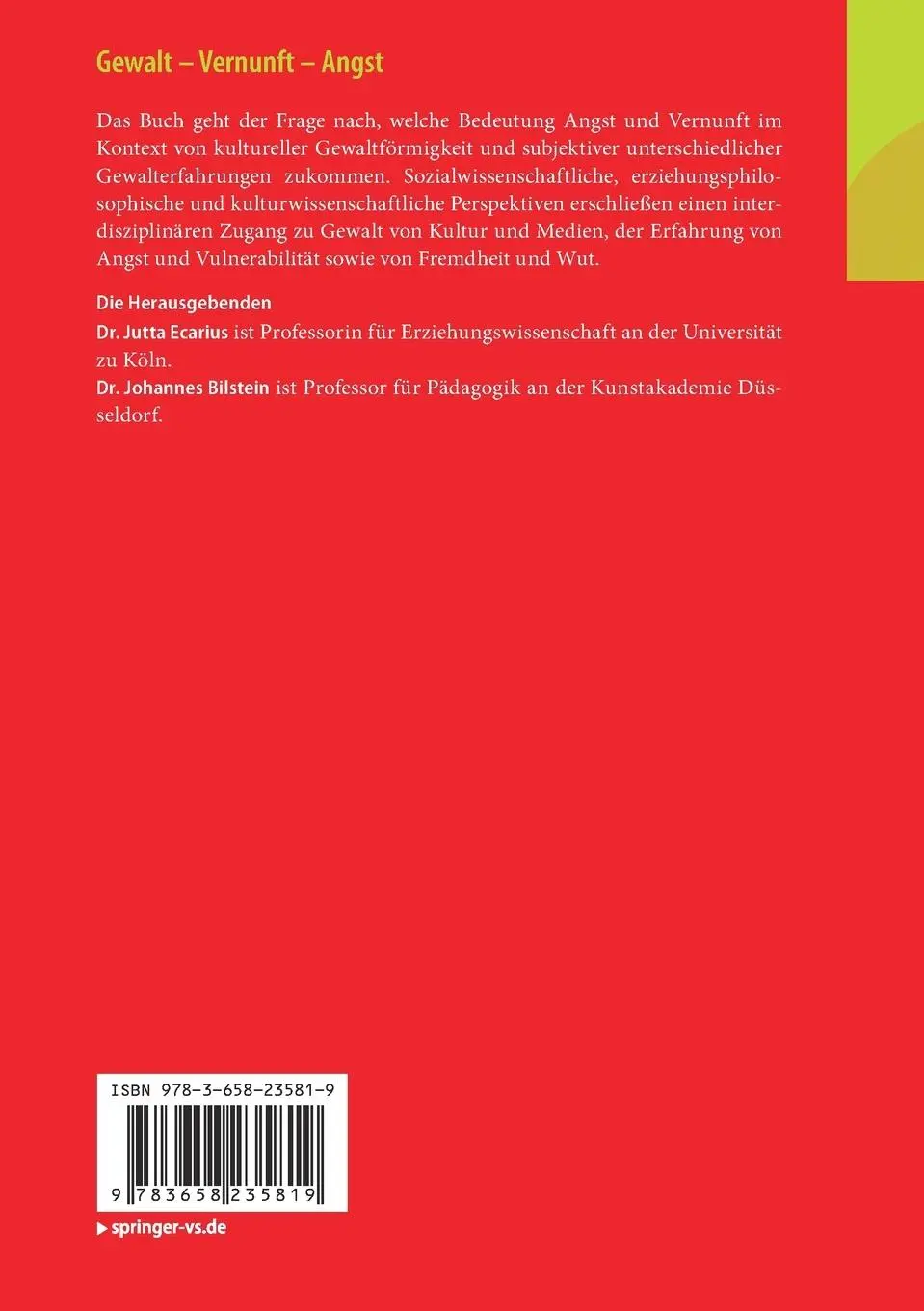 Rückseite: 9783658235819 | Gewalt ¿ Vernunft ¿ Angst | Johannes Bilstein (u. a.) | Taschenbuch