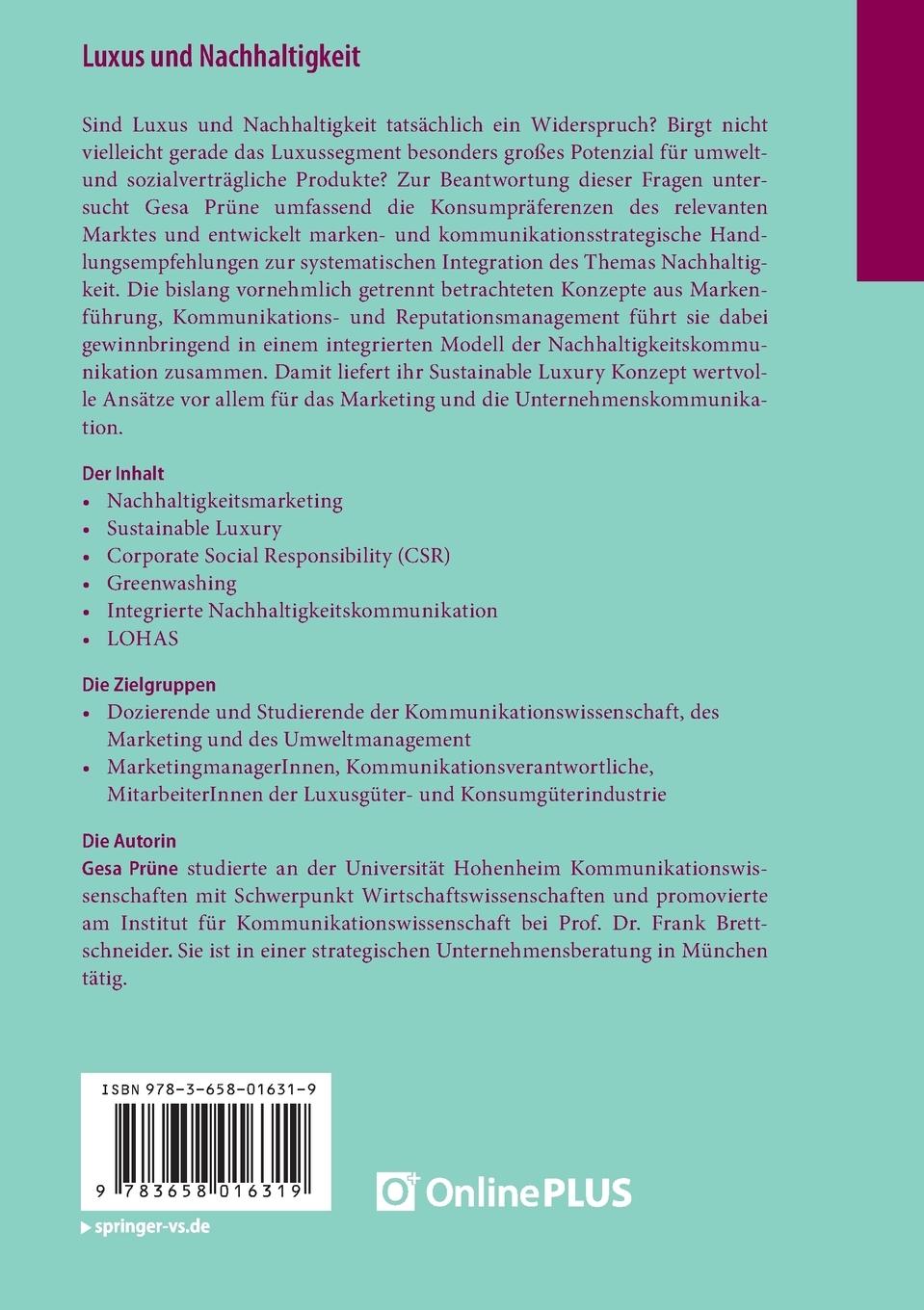 Rückseite: 9783658016319 | Luxus und Nachhaltigkeit | Gesa Prüne | Taschenbuch | xx | Deutsch