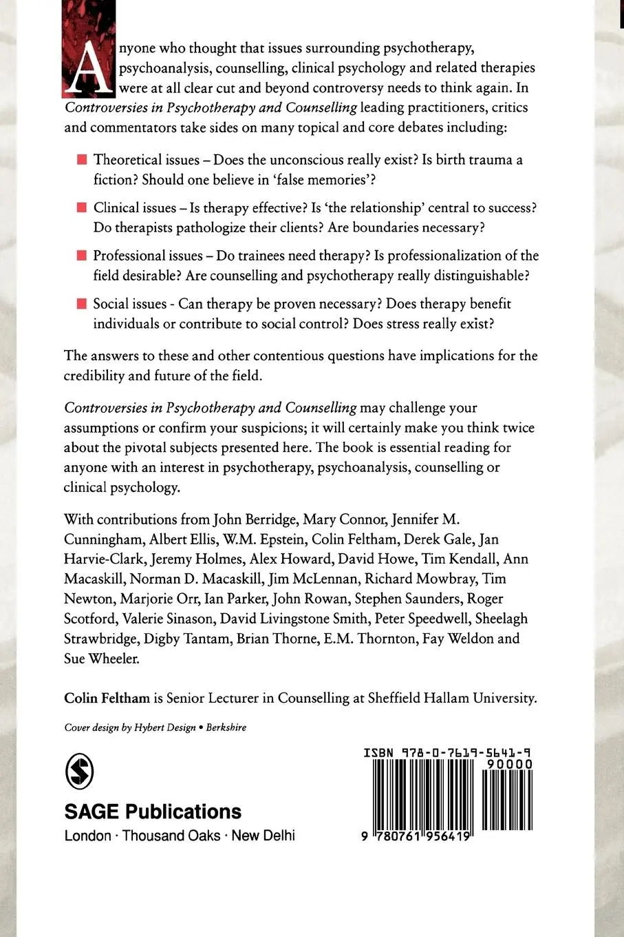 Rückseite: 9780761956419 | Controversies in Psychotherapy and Counselling | Colin Feltham (u. a.)