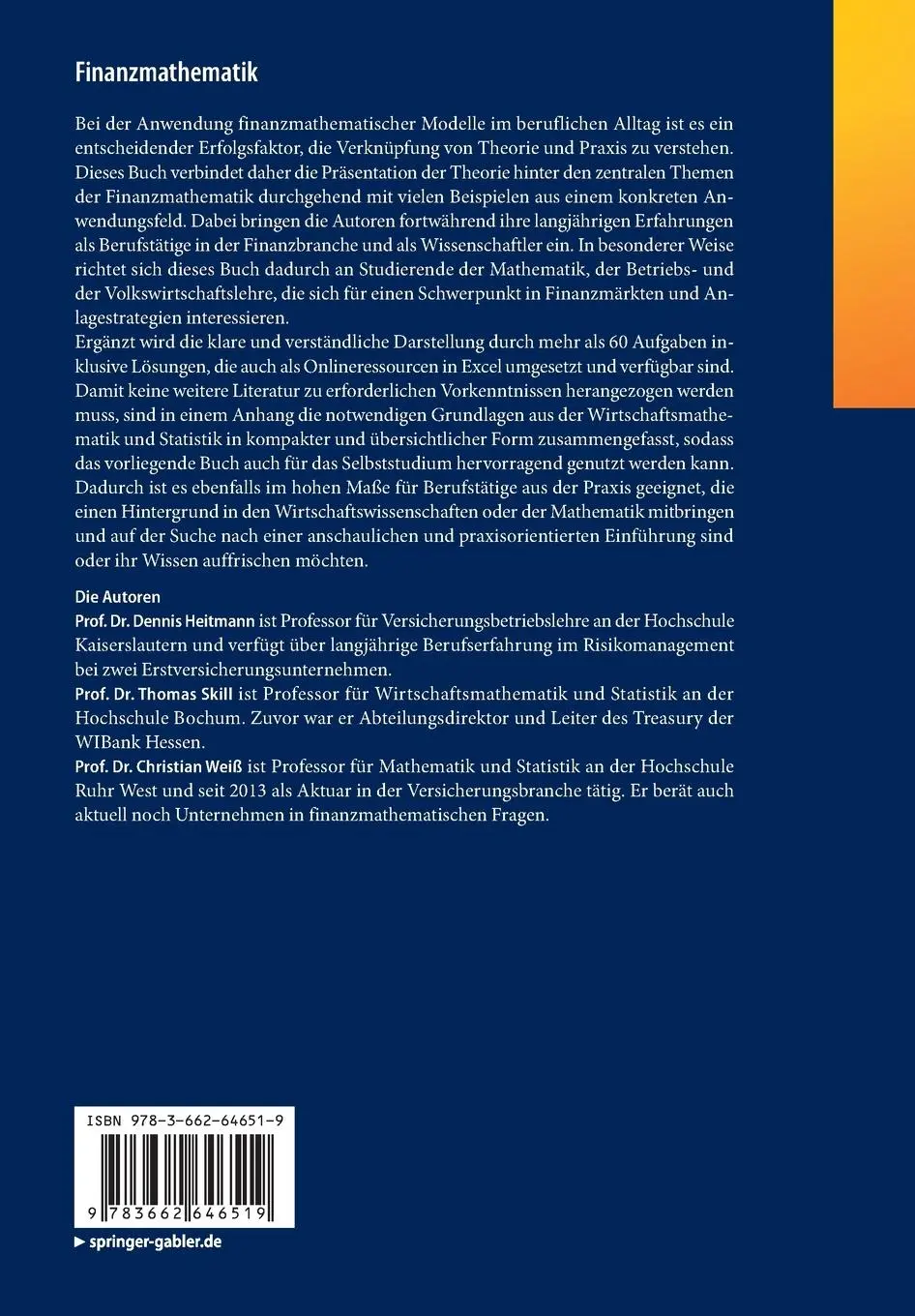 Rückseite: 9783662646519 | Finanzmathematik | Dennis Heitmann (u. a.) | Taschenbuch | xii | 2022