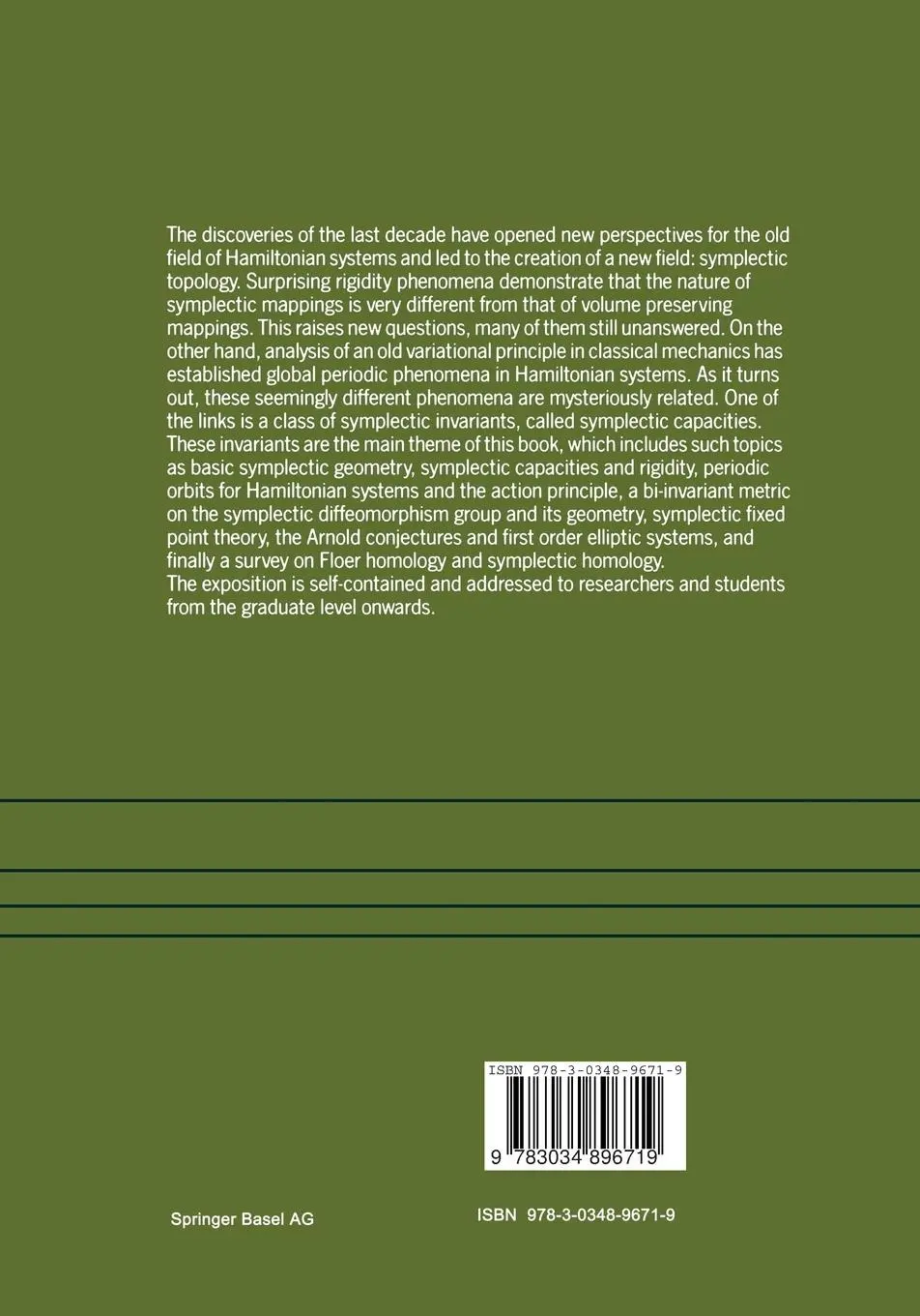 Rückseite: 9783034896719 | Symplectic Invariants and Hamiltonian Dynamics | Zehnder (u. a.)