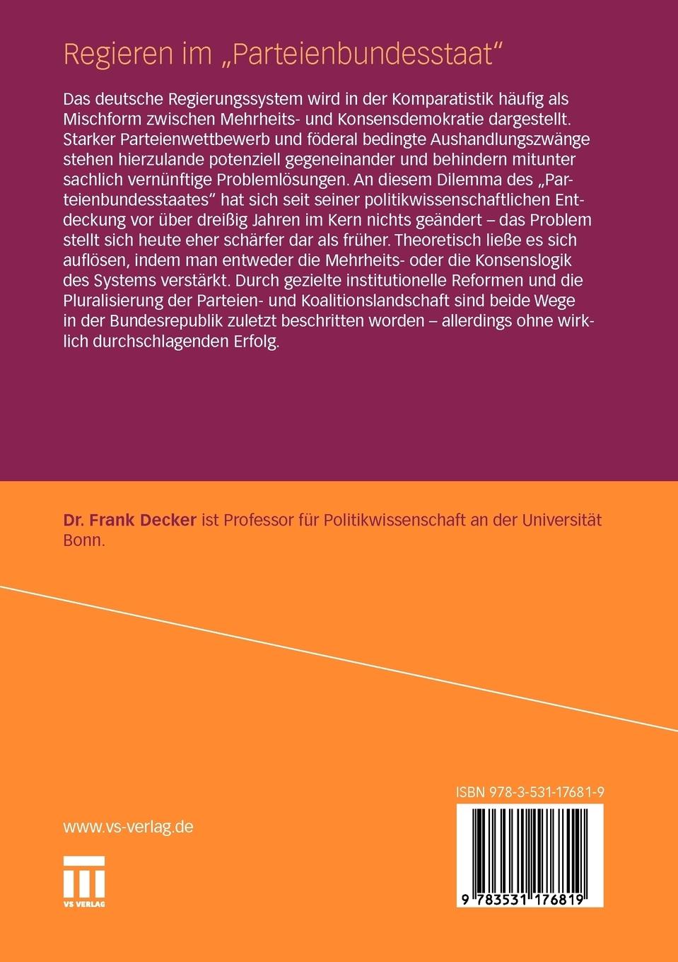 Rückseite: 9783531176819 | Regieren im "Parteienbundesstaat" | Frank Decker | Taschenbuch | 2010