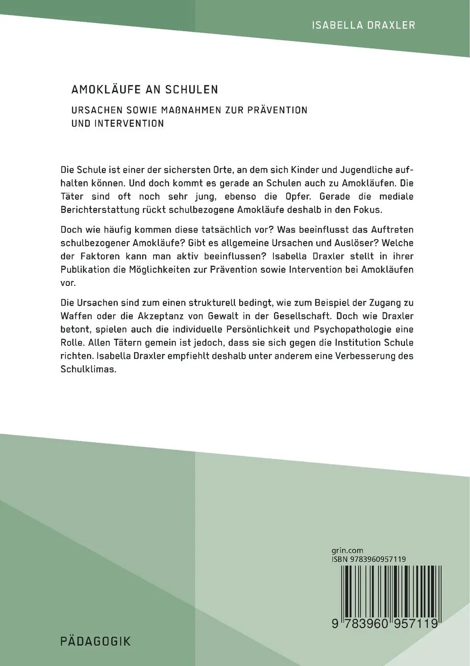Rückseite: 9783960957119 | Amokläufe an Schulen. Ursachen sowie Maßnahmen zur Prävention und...
