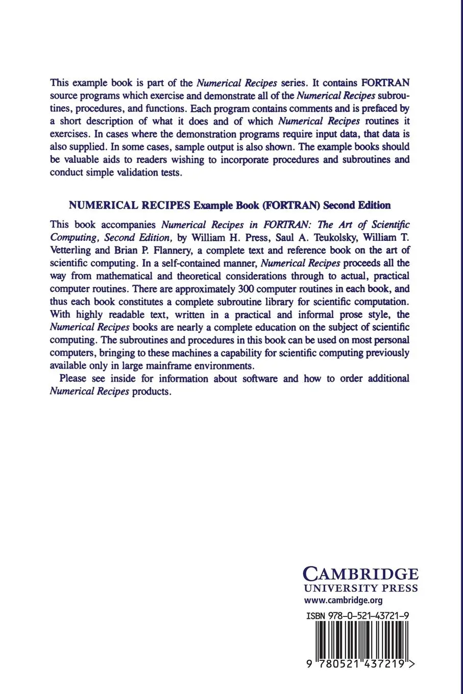 Rückseite: 9780521437219 | Numerical Recipes in FORTRAN Example Book | Vetterling (u. a.) | Buch