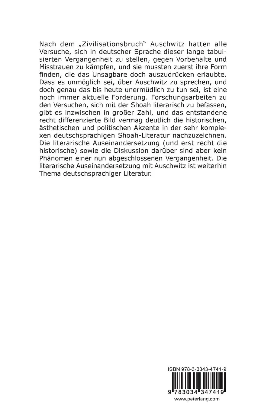 Rückseite: 9783034347419 | Die Shoah in der deutschsprachigen Literatur | Dallapiazza (u. a.)