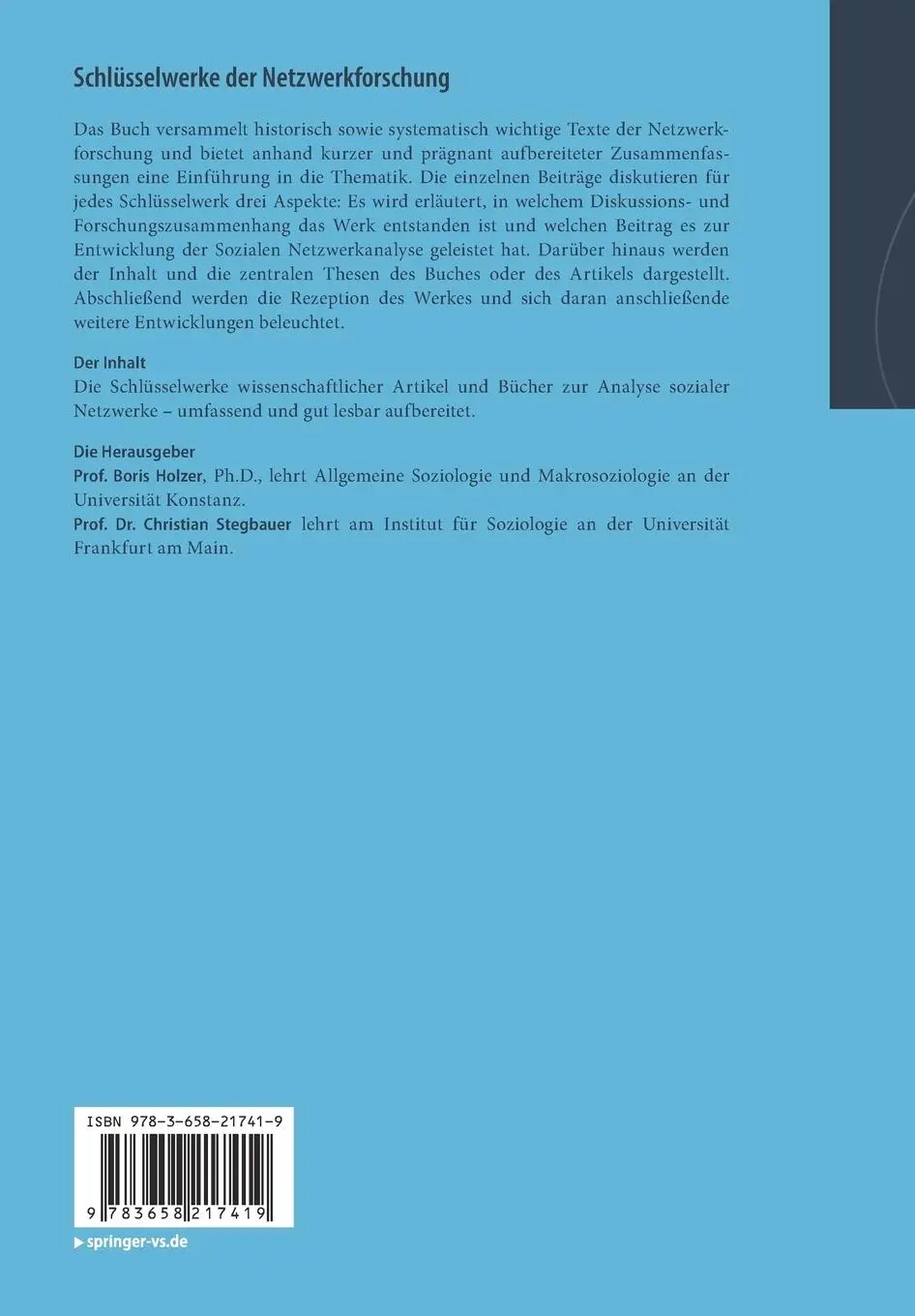 Rückseite: 9783658217419 | Schlüsselwerke der Netzwerkforschung | Christian Stegbauer (u. a.)