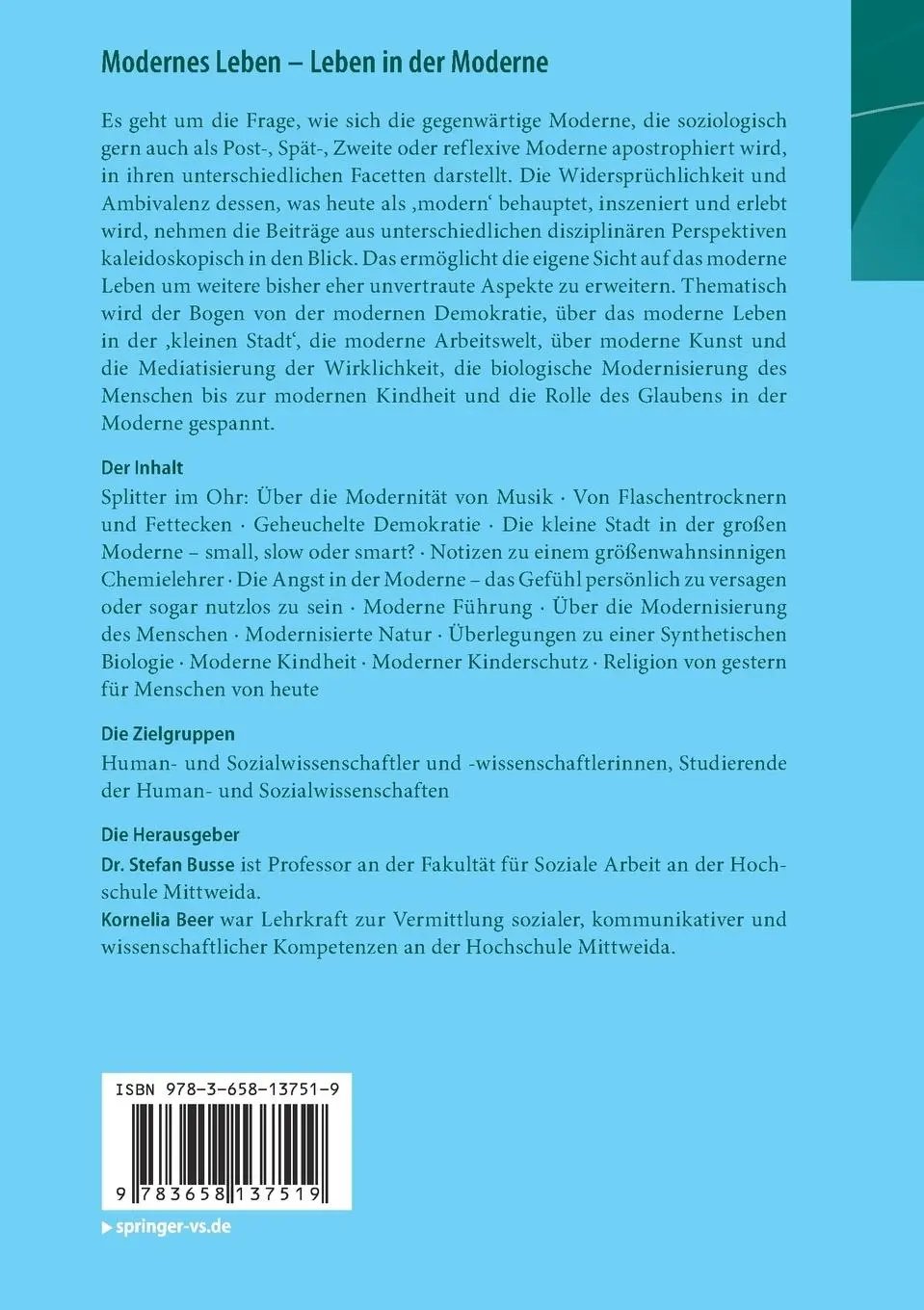 Rückseite: 9783658137519 | Modernes Leben - Leben in der Moderne | Kornelia Beer (u. a.) | Buch